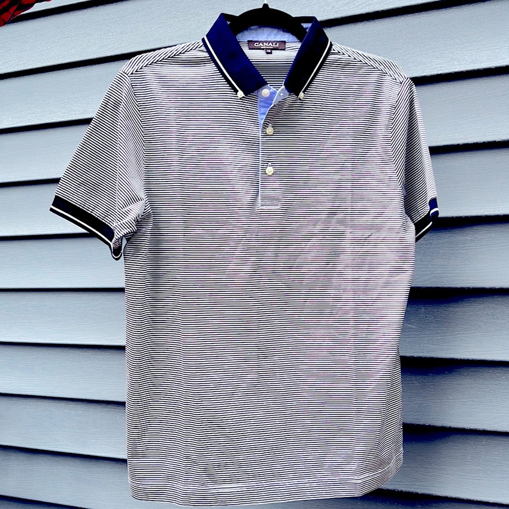 CANALI Men’s Striped Cotton Pique Polo Shirt-NEW